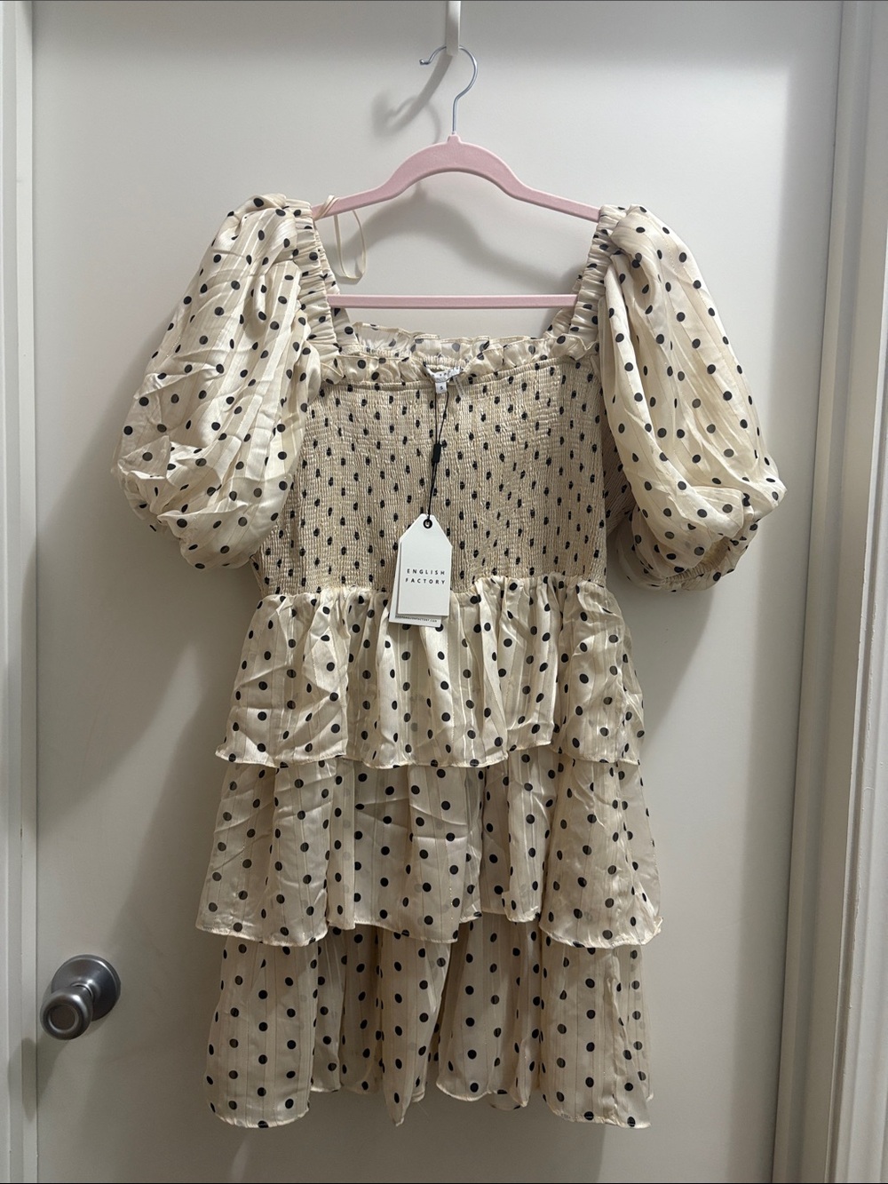 English Factory Cream Polka Dot Puff Sleeve Tiered Dress Top